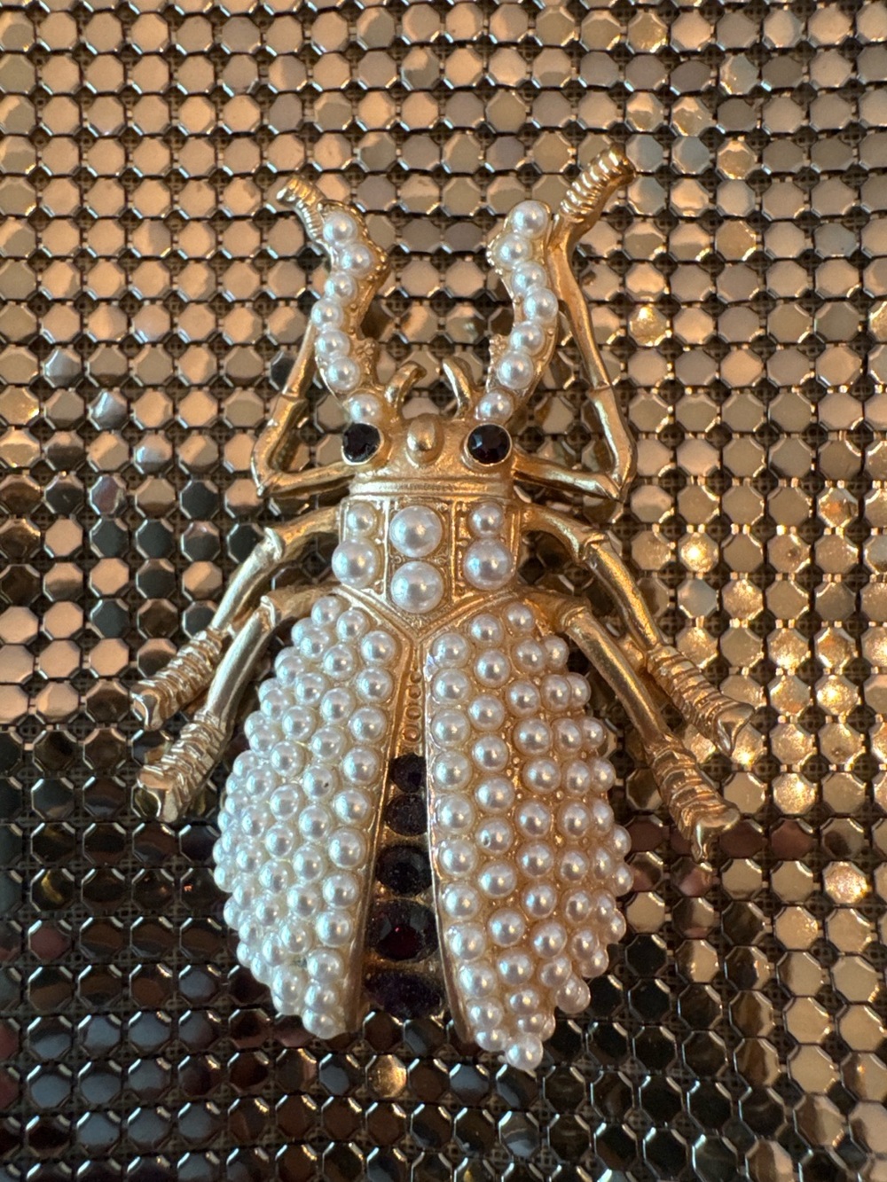 Estate Vintage Style Faux Pearl Beetle Brooch Brushed Gold Tone Chunky Spooky